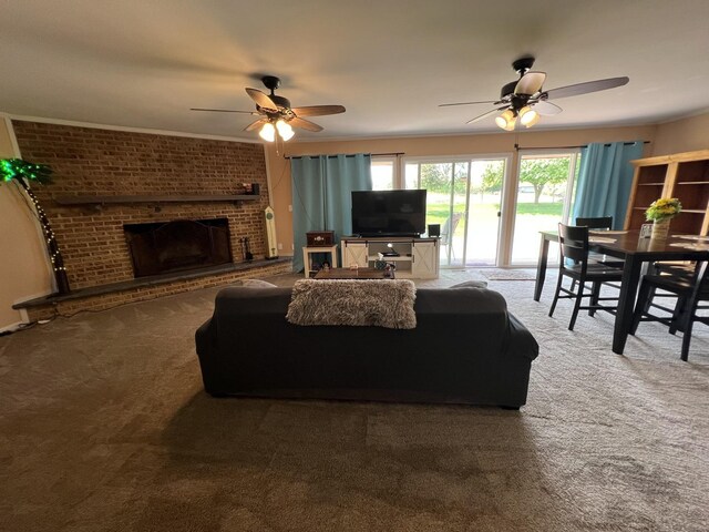 7427 Mccurry Rd, Roscoe, IL 61073 - living area with a ceiling fan, carpet flooring, and a brick fireplace