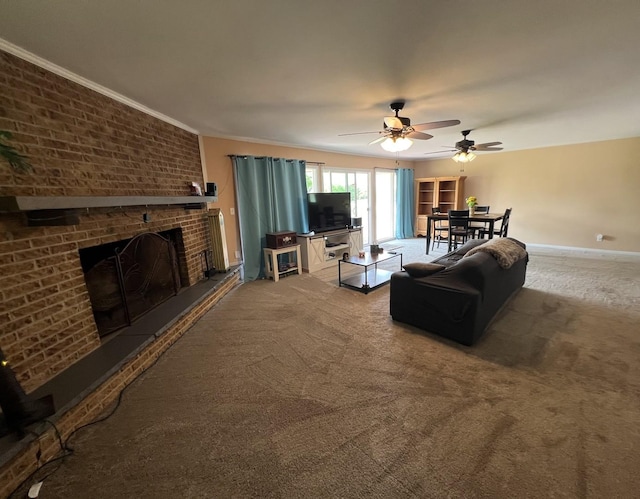 7427 Mccurry Rd, Roscoe, IL 61073 - living area with a brick fireplace, carpet flooring, ceiling fan, crown molding, and baseboards