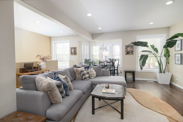 4639 S Saint Lawrence Ave Unit 2, Chicago, IL 60653 - living area with wood finished floors, recessed lighting, baseboards, a chandelier, and beam ceiling
