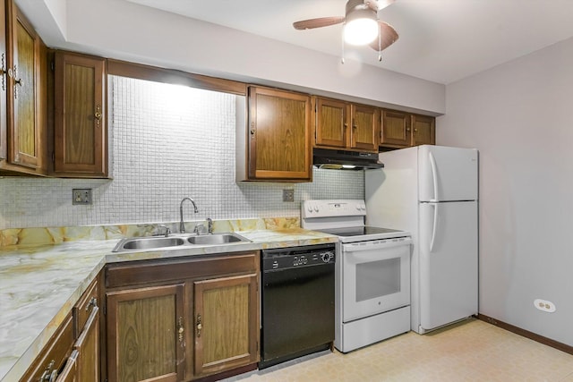 kitchen with white appliances, under cabinet range hood, a sink, backsplash, and light countertops