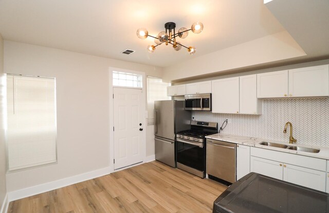 6110 S Saint Lawrence Ave, Chicago, IL 60637 - kitchen featuring stainless steel appliances, a sink, decorative backsplash, a chandelier, and white cabinetry