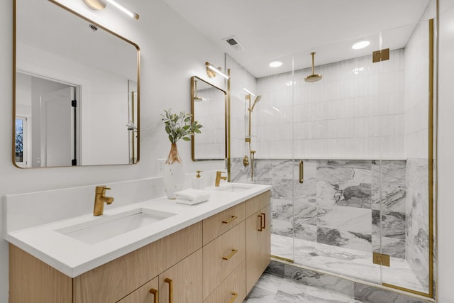 3204 N Kostner Ave Unit 307, Chicago, IL 60618 - full bathroom featuring marble look tiles, a stall shower, double vanity, and recessed lighting