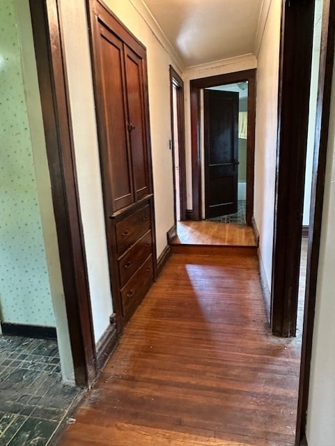 301 S Hebbard St, Joliet, IL 60433 - hallway with dark wood-type flooring, wallpapered walls, crown molding, and baseboards