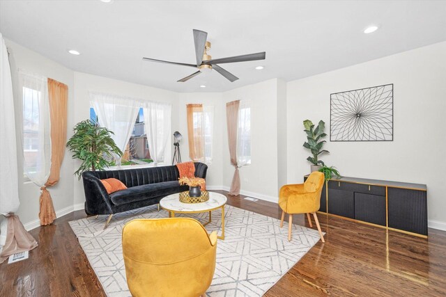 8214 S Paxton Ave, Chicago, IL 60617 - living room with wood finished floors, ceiling fan, baseboards, and recessed lighting