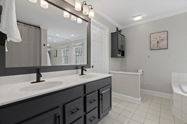 519 Long Hill Rd, Gurnee, IL 60031 - full bath with tile patterned floors, crown molding, double vanity, a tub, and baseboards