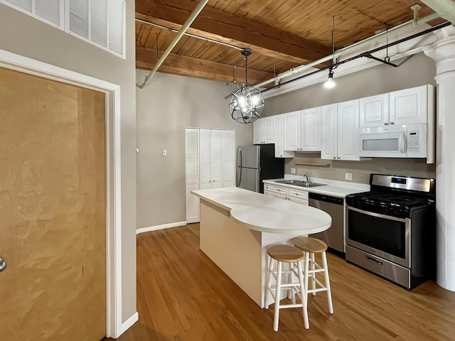 kitchen with stainless steel appliances, wooden ceiling, beam ceiling, white cabinets, and wood finished floors