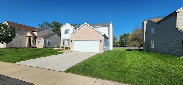 view of front of home featuring a front lawn, brick siding, and a chimney