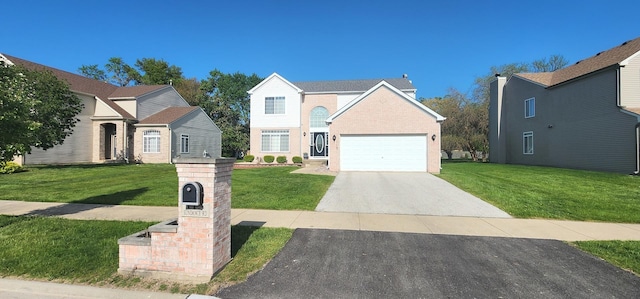 traditional-style home with a garage, a front yard, and brick siding