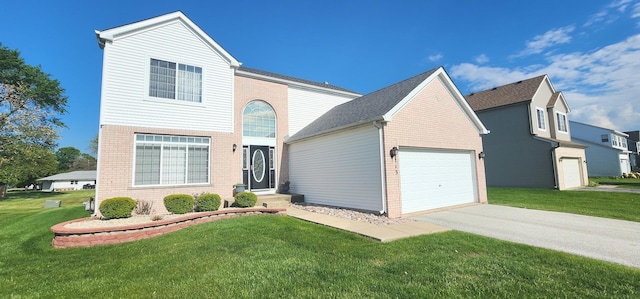 traditional home featuring brick siding, concrete driveway, a front yard, and an attached garage