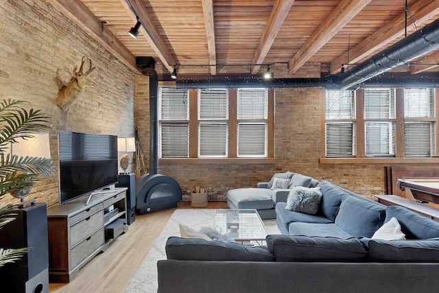 2435 N Sheffield Ave Unit 10, Chicago, IL 60614 - living area with track lighting, brick wall, light wood-style flooring, a wood stove, and wooden ceiling
