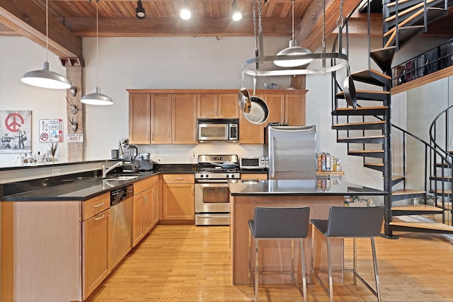 2435 N Sheffield Ave Unit 10, Chicago, IL 60614 - kitchen with stainless steel appliances, wooden ceiling, light wood-style floors, a peninsula, and beam ceiling