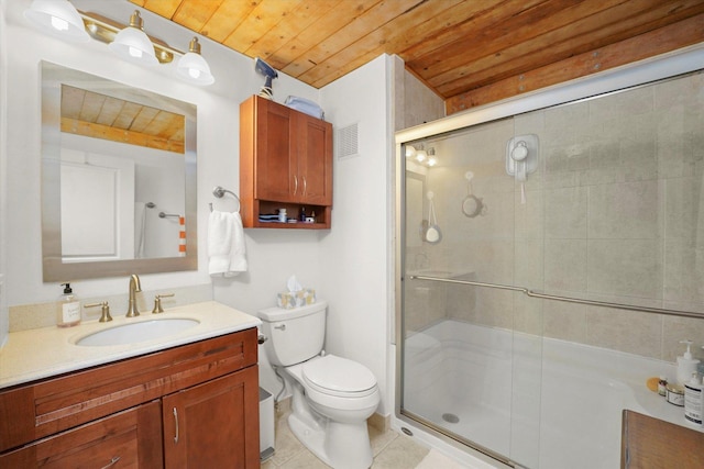 2435 N Sheffield Ave Unit 10, Chicago, IL 60614 - bathroom featuring wood ceiling, a shower stall, toilet, vanity, and tile patterned flooring