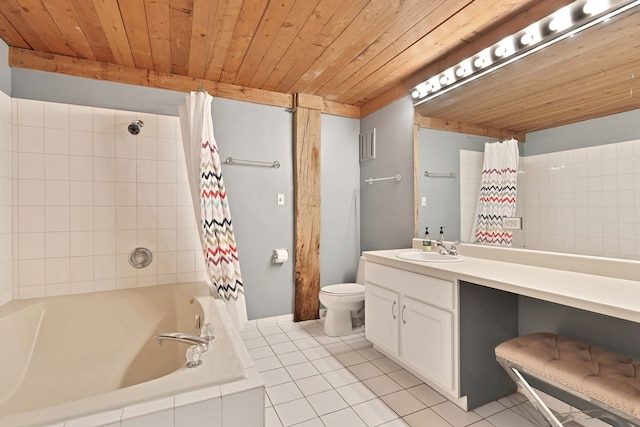 2435 N Sheffield Ave Unit 10, Chicago, IL 60614 - bathroom with tile patterned flooring, wooden ceiling, toilet, vanity, and shower / bath combination with curtain