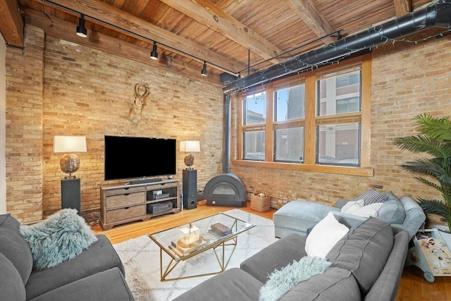 2435 N Sheffield Ave Unit 10, Chicago, IL 60614 - living area with brick wall, a wood stove, wood finished floors, wood ceiling, and track lighting