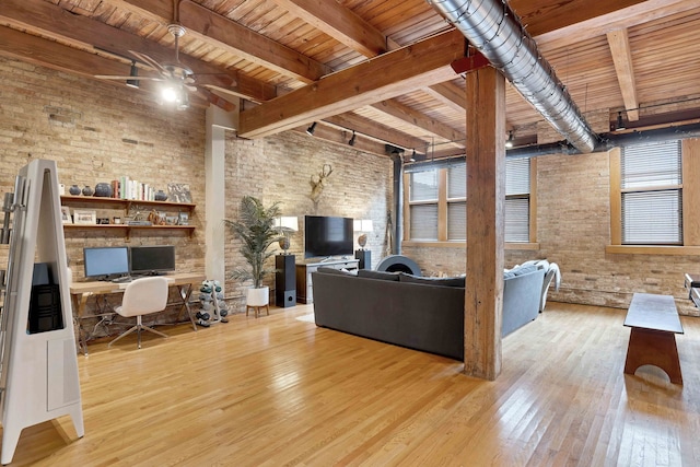 2435 N Sheffield Ave Unit 10, Chicago, IL 60614 - living room featuring wood ceiling, a ceiling fan, wood finished floors, a desk, and healthy amount of natural light