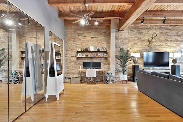 2435 N Sheffield Ave Unit 10, Chicago, IL 60614 - living room featuring a ceiling fan, wood ceiling, a desk, wood finished floors, and beam ceiling