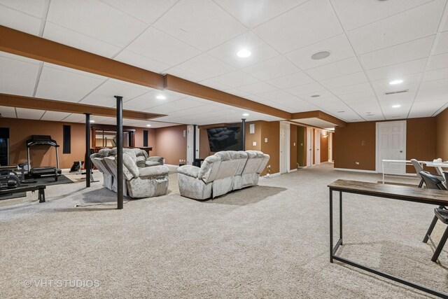 635 Mansfield Way, Oswego, IL 60543 - carpeted living room with a paneled ceiling, baseboards, and recessed lighting