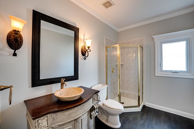 1565 Winberie Ct, Naperville, IL 60564 - full bathroom featuring toilet, a shower stall, wood finished floors, vanity, and crown molding