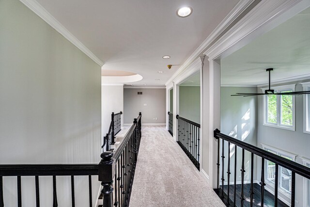 1565 Winberie Ct, Naperville, IL 60564 - hall featuring an upstairs landing, crown molding, carpet floors, baseboards, and recessed lighting