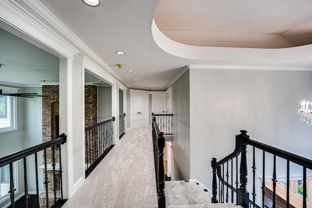 1565 Winberie Ct, Naperville, IL 60564 - hallway featuring an upstairs landing, recessed lighting, crown molding, a chandelier, and baseboards
