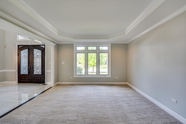 1565 Winberie Ct, Naperville, IL 60564 - carpeted entrance foyer with french doors, a tray ceiling, ornamental molding, and baseboards
