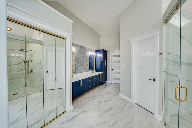 1565 Winberie Ct, Naperville, IL 60564 - bathroom with marble finish floors, a marble finish shower, double vanity, and baseboards