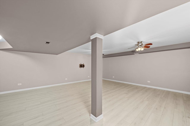 11046 Quail Dr, Mokena, IL 60448 - finished basement with light wood-style flooring, baseboards, and a ceiling fan