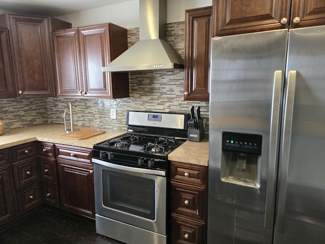 320 N Pearl St, Forrest, IL 61741 - kitchen featuring appliances with stainless steel finishes, wall chimney range hood, light countertops, backsplash, and dark brown cabinetry