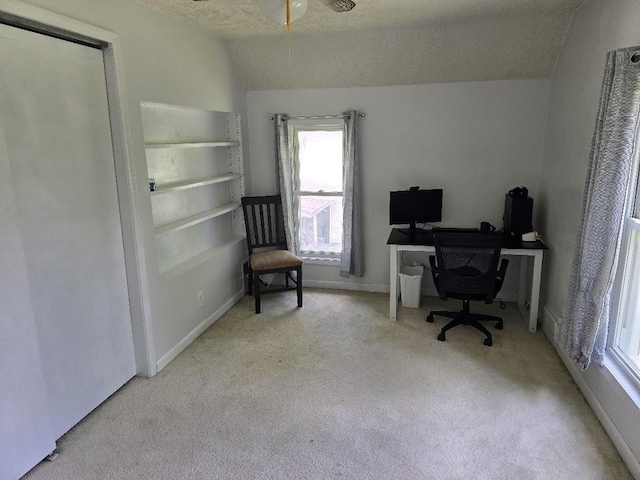 320 N Pearl St, Forrest, IL 61741 - carpeted office space with a textured ceiling, a ceiling fan, and lofted ceiling