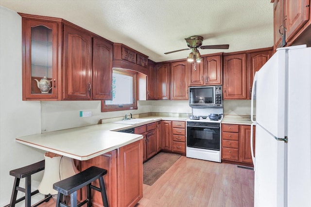 7 Birch Ln, Villa Grove, IL 61956 - kitchen featuring white appliances, a sink, a peninsula, light wood finished floors, and ceiling fan