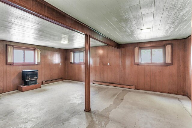 7 Birch Ln, Villa Grove, IL 61956 - basement featuring baseboard heating, a wood stove, and wood walls