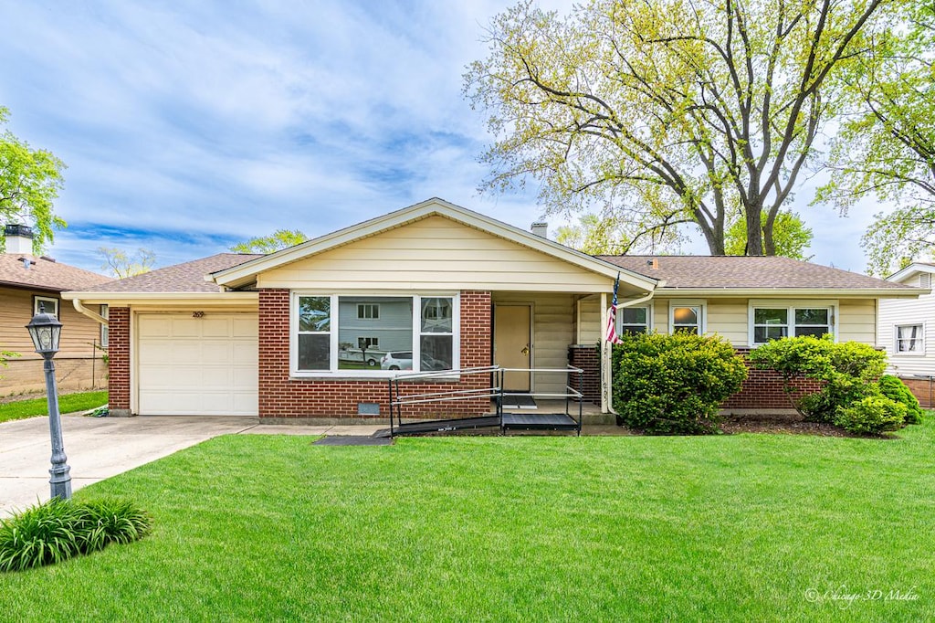265 Fern Dr, Elk Grove Village, IL 60007 - ranch-style home with an attached garage, a front yard, driveway, and brick siding