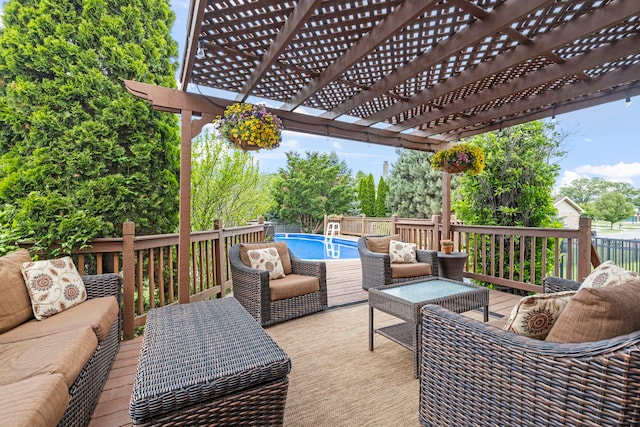 403 Tonelli Trl, Lockport, IL 60441 - wooden terrace with an outdoor hangout area, a pergola, and a fenced backyard