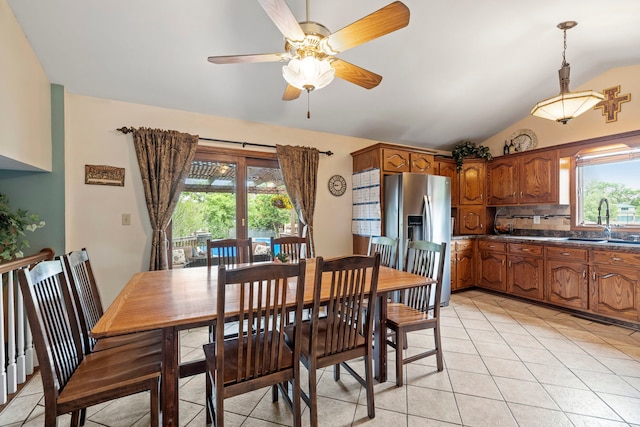 403 Tonelli Trl, Lockport, IL 60441 - dining space featuring lofted ceiling, plenty of natural light, light tile patterned floors, and ceiling fan