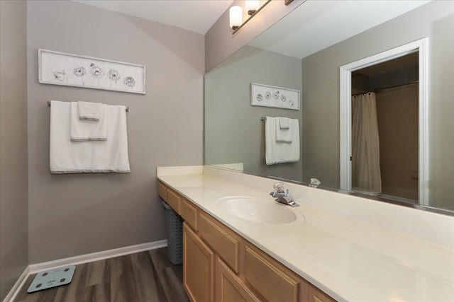 1608 W Ethans Glen Dr, Palatine, IL 60067 - bathroom featuring wood finished floors, vanity, baseboards, and curtained shower