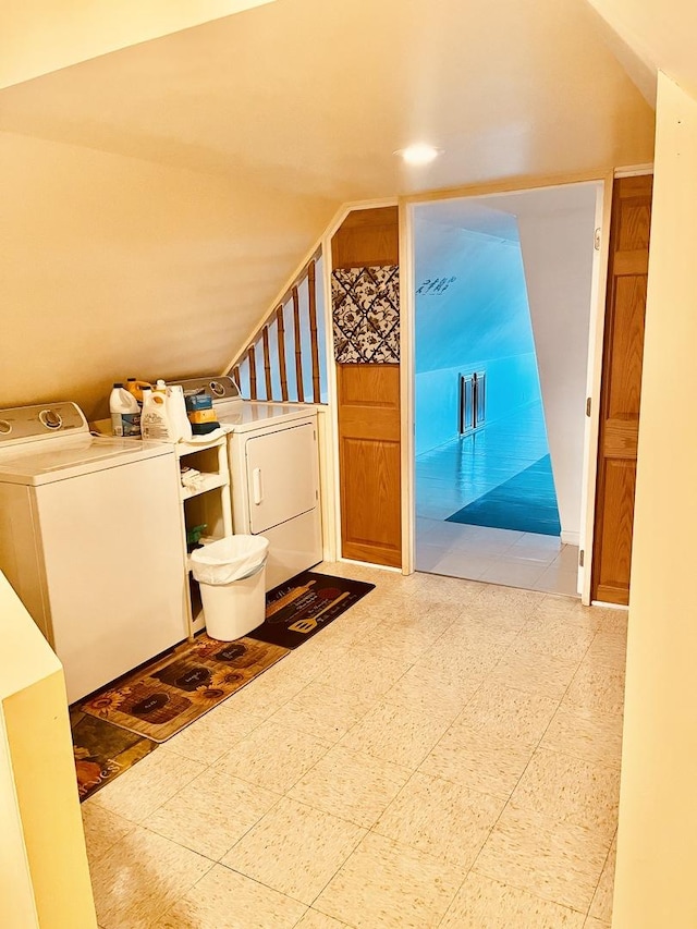 1723 N Richmond St, Chicago, IL 60647 - bathroom featuring lofted ceiling, tile patterned floors, independent washer and dryer, and recessed lighting