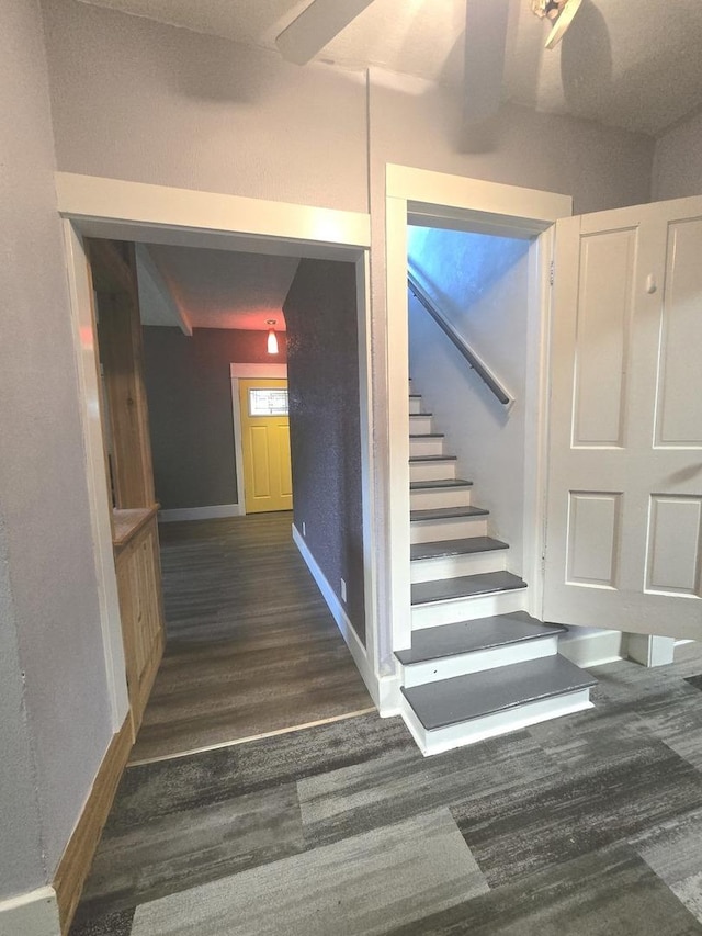 101 4th St, Fisher, IL 61843 - stairway featuring wood finished floors and baseboards