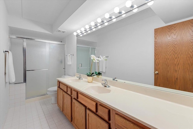 5255 N Riversedge Ter Unit 206, Chicago, IL 60630 - bathroom featuring tile patterned flooring, a stall shower, toilet, and double vanity