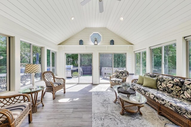 2041 Chatham Dr, Wheaton, IL 60189 - sunroom / solarium featuring vaulted ceiling, plenty of natural light, wooden ceiling, a wooden deck, and wood finished floors