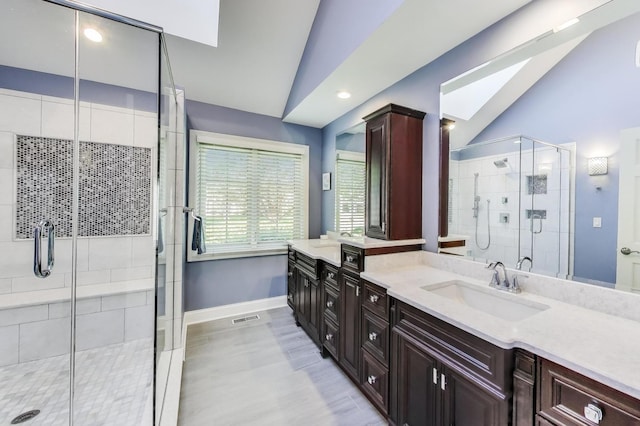 2041 Chatham Dr, Wheaton, IL 60189 - full bathroom featuring lofted ceiling, a shower stall, vanity, baseboards, and a skylight