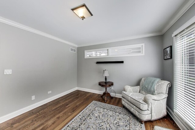 2041 Chatham Dr, Wheaton, IL 60189 - sitting room with dark wood-style floors, baseboards, and ornamental molding