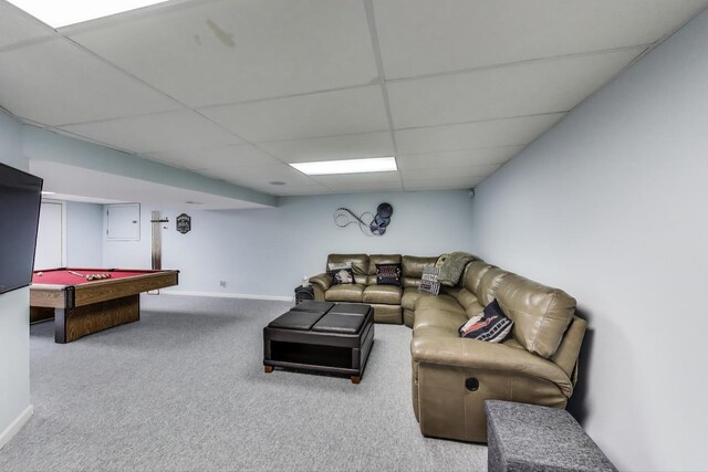 2041 Chatham Dr, Wheaton, IL 60189 - carpeted living area featuring pool table, baseboards, and a paneled ceiling