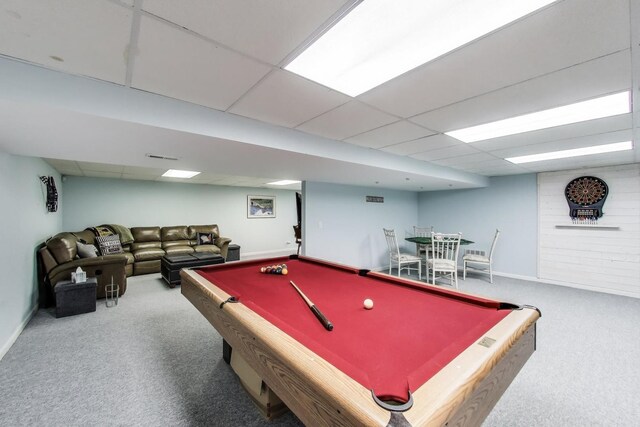 2041 Chatham Dr, Wheaton, IL 60189 - rec room with carpet floors, a paneled ceiling, baseboards, and billiards table
