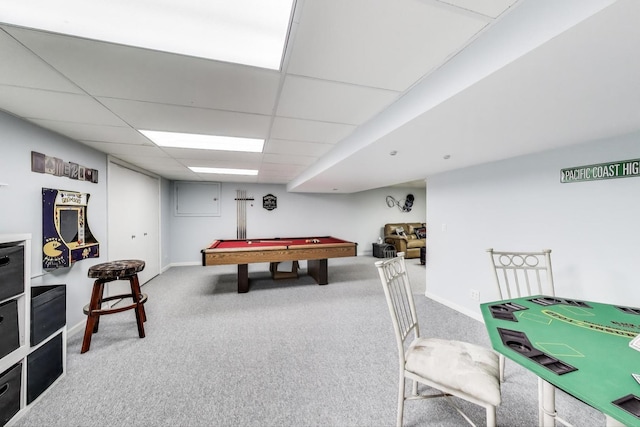2041 Chatham Dr, Wheaton, IL 60189 - playroom with pool table, carpet floors, a paneled ceiling, and baseboards