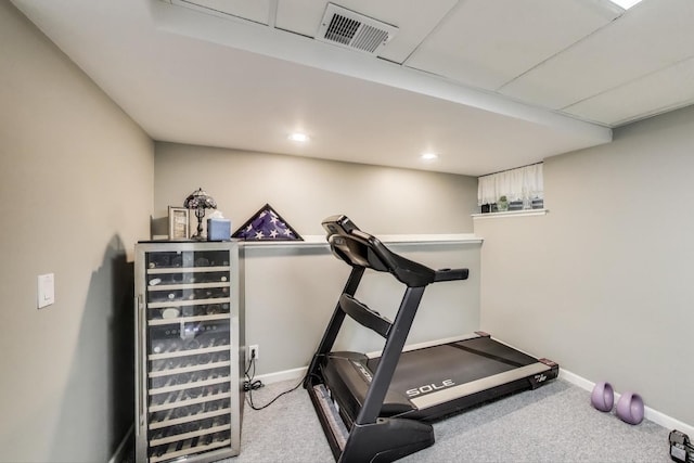 2041 Chatham Dr, Wheaton, IL 60189 - workout area featuring beverage cooler, baseboards, carpet, and recessed lighting