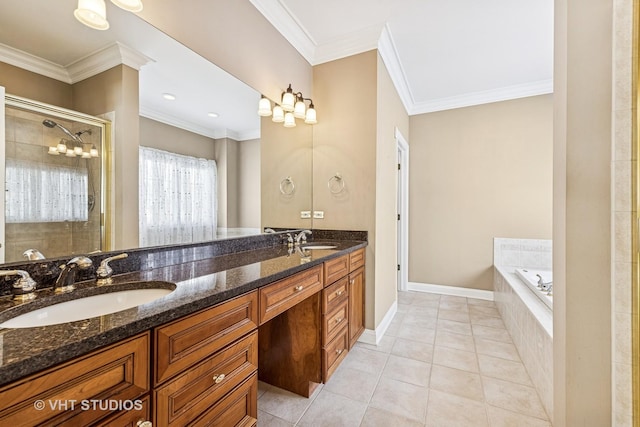 9310 Nicklaus Ln, Lakewood, IL 60014 - full bath with a stall shower, double vanity, a bath, tile patterned flooring, and crown molding