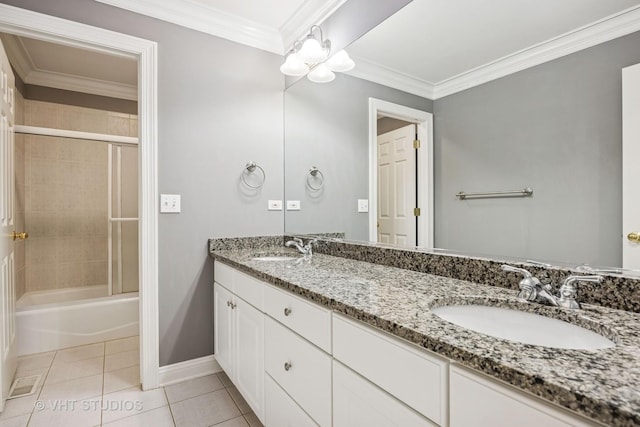 9310 Nicklaus Ln, Lakewood, IL 60014 - full bathroom featuring double vanity, tile patterned floors, combined bath / shower with glass door, crown molding, and a chandelier