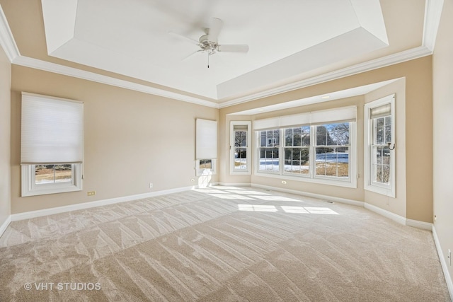 9310 Nicklaus Ln, Lakewood, IL 60014 - carpeted spare room featuring a tray ceiling, a ceiling fan, crown molding, and baseboards