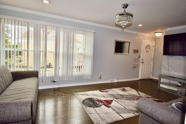 2837 18th St, North Chicago, IL 60064 - living room with hardwood / wood-style flooring, baseboards, crown molding, recessed lighting, and a chandelier