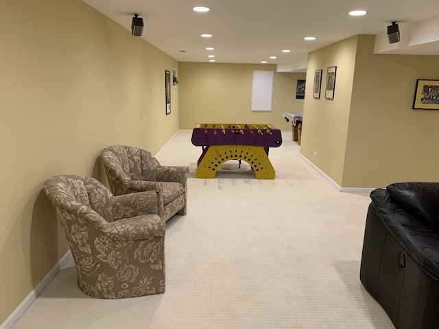 game room with light carpet, recessed lighting, baseboards, and pool table